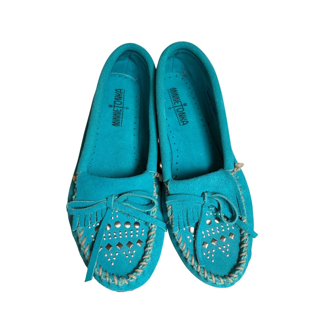 Minnetonka Turquoise Suede Studded Kilty Moccasins Womens 7.5 Blue 504R